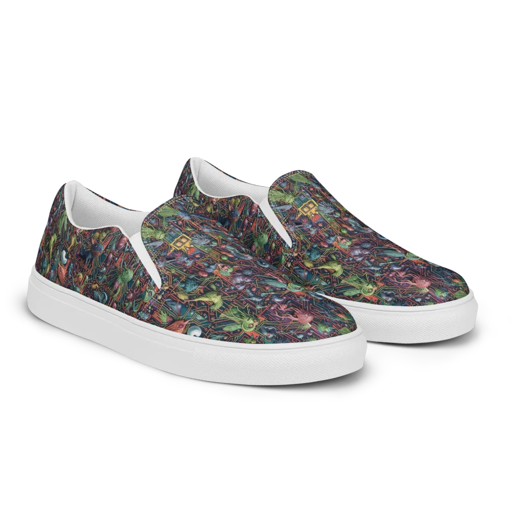 Circuit Beastiary on Men's Slip-On Canvas Shoes — Right Front
