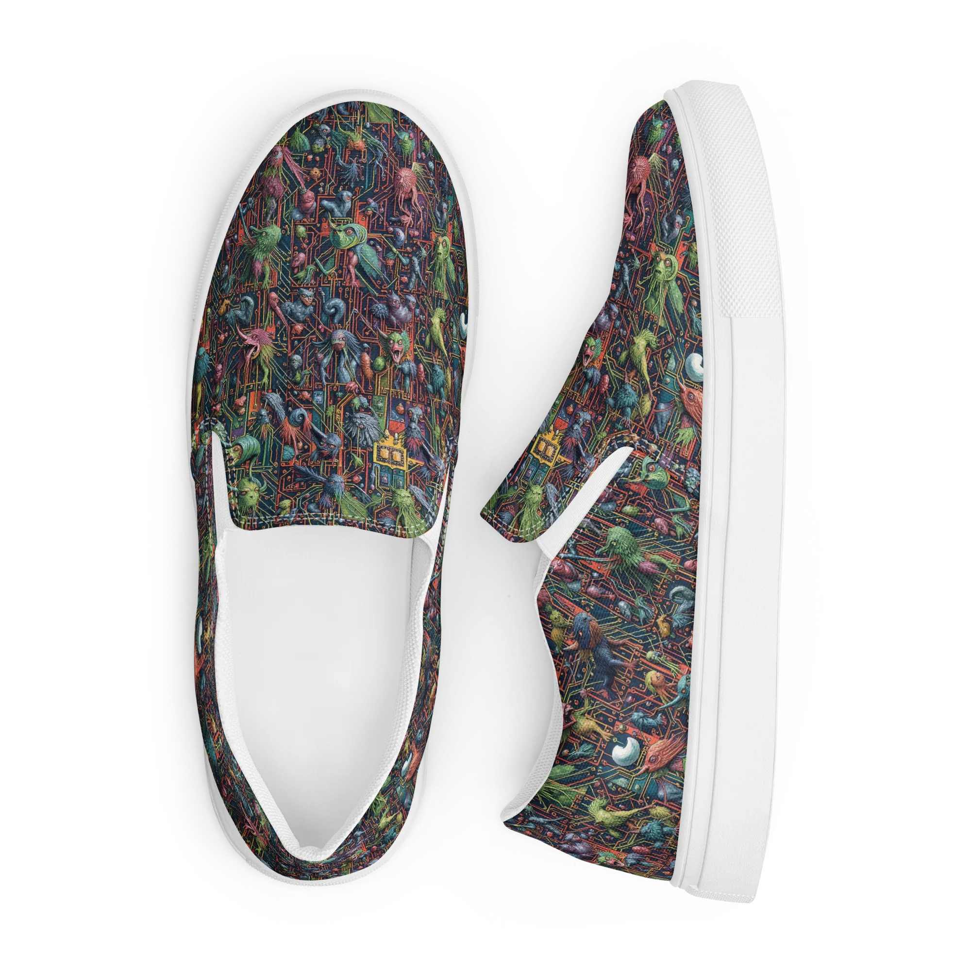 Circuit Beastiary on Men's Slip-On Canvas Shoes — Front