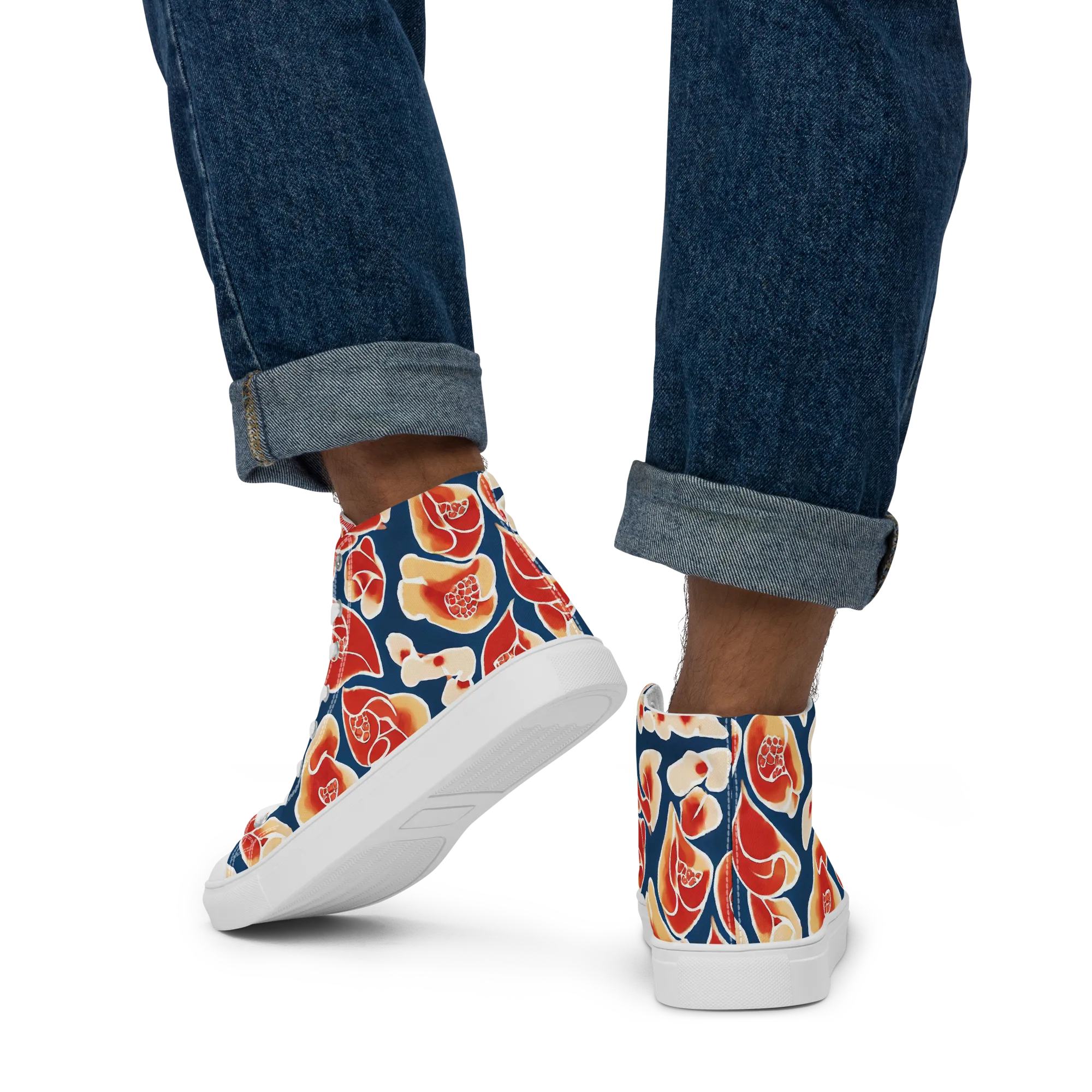 Navy Bloom on Men's High Top Canvas Shoes — Back