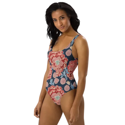 Crimson Labyrinth on a One-Piece Swimsuit