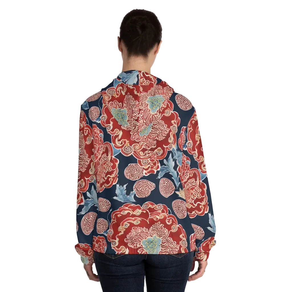 Crimson Labyrinth on Women's Full-Zip Hoodie — Back On Person