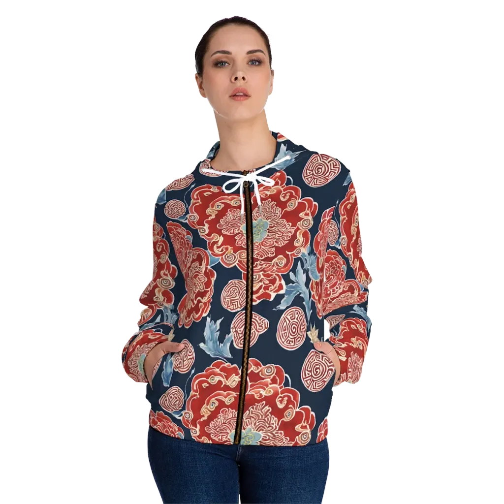 Crimson Labyrinth on Women's Full-Zip Hoodie — Front On Person