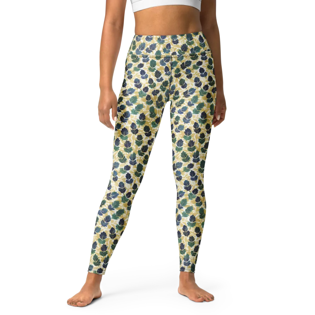 Golden Leaf Drift on Yoga Leggings — Front