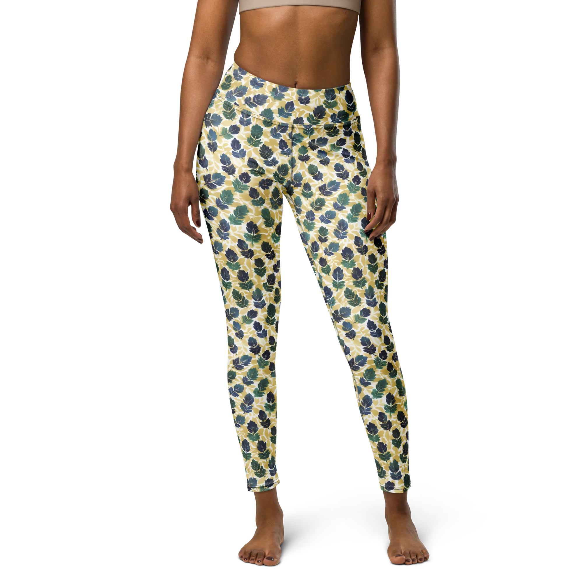 Golden Leaf Drift on Yoga Leggings — Front