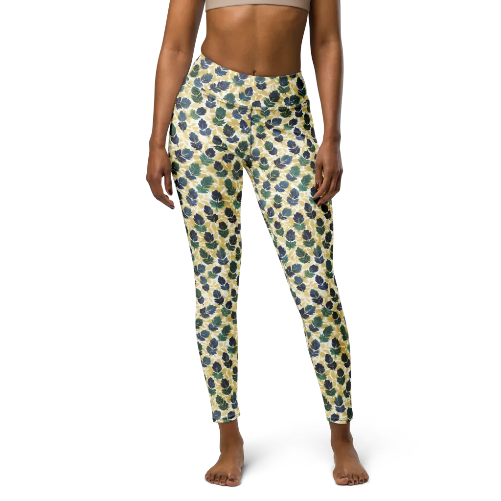 Golden Leaf Drift on Yoga Leggings — Front