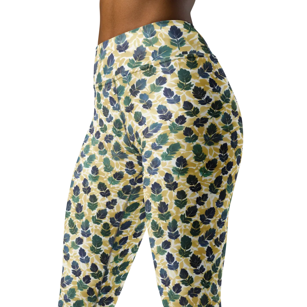 Golden Leaf Drift on Yoga Leggings — Left Front