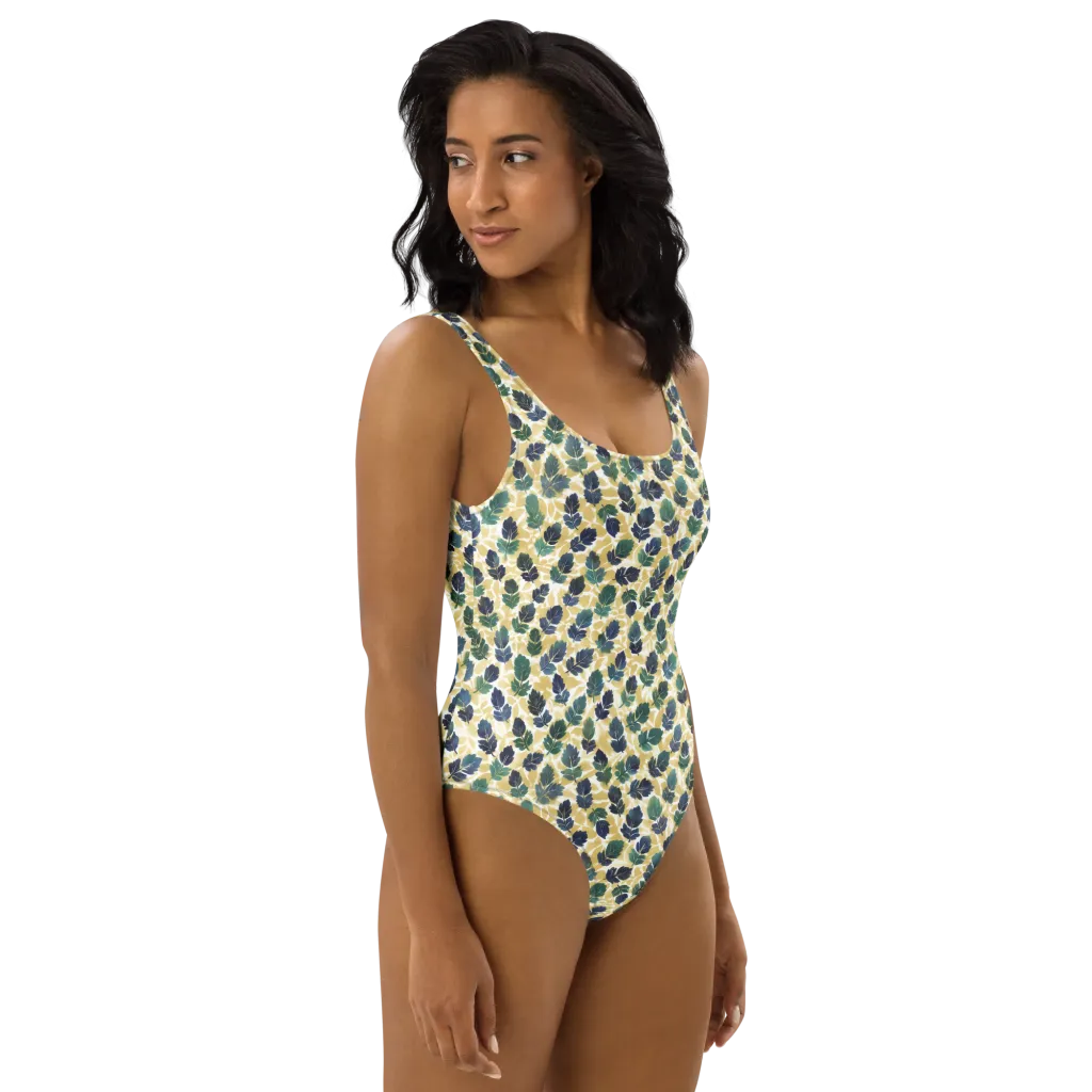 Golden Leaf Drift on One-Piece Swimsuit — Right