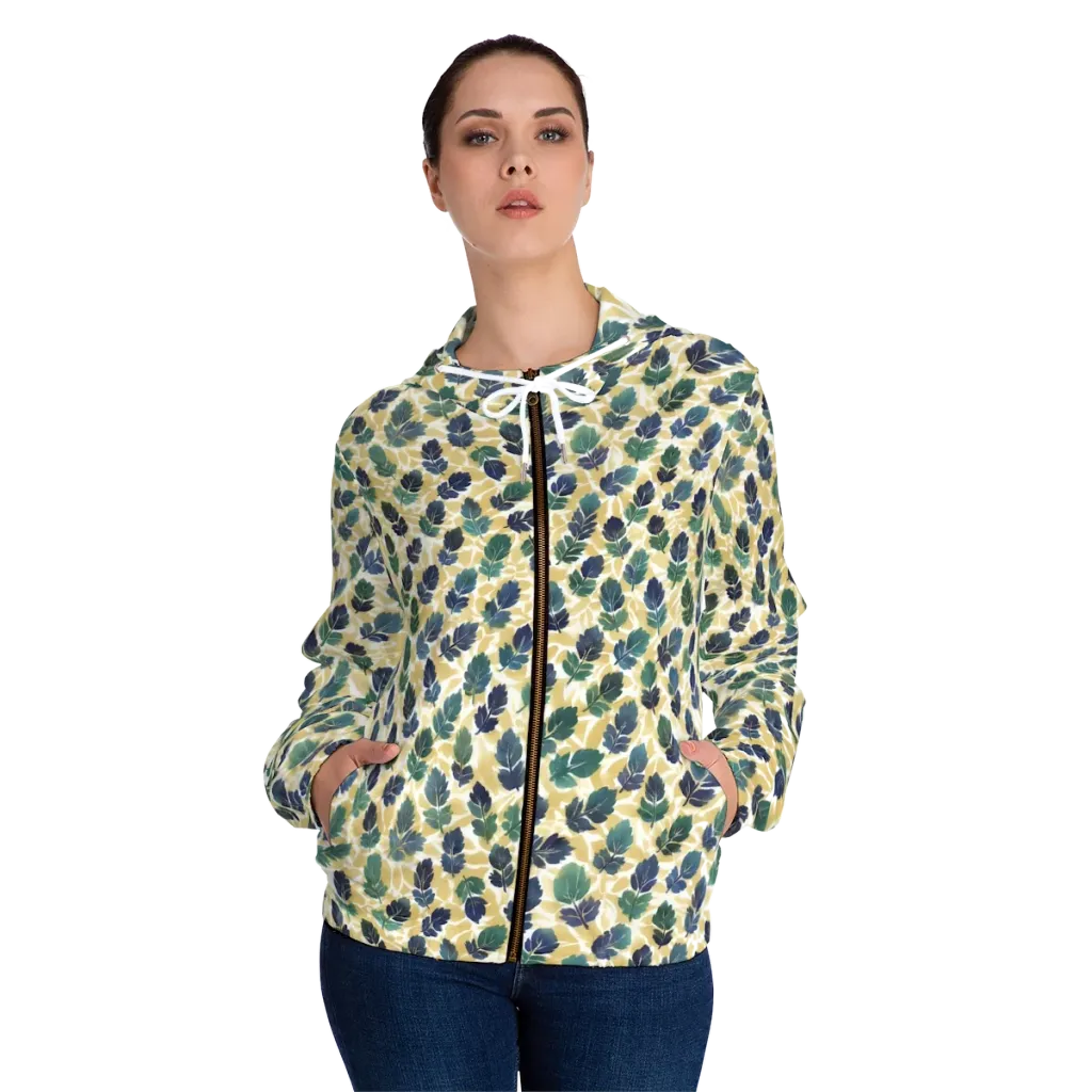 Golden Leaf Drift on Women's Full-Zip Hoodie — Front On Person