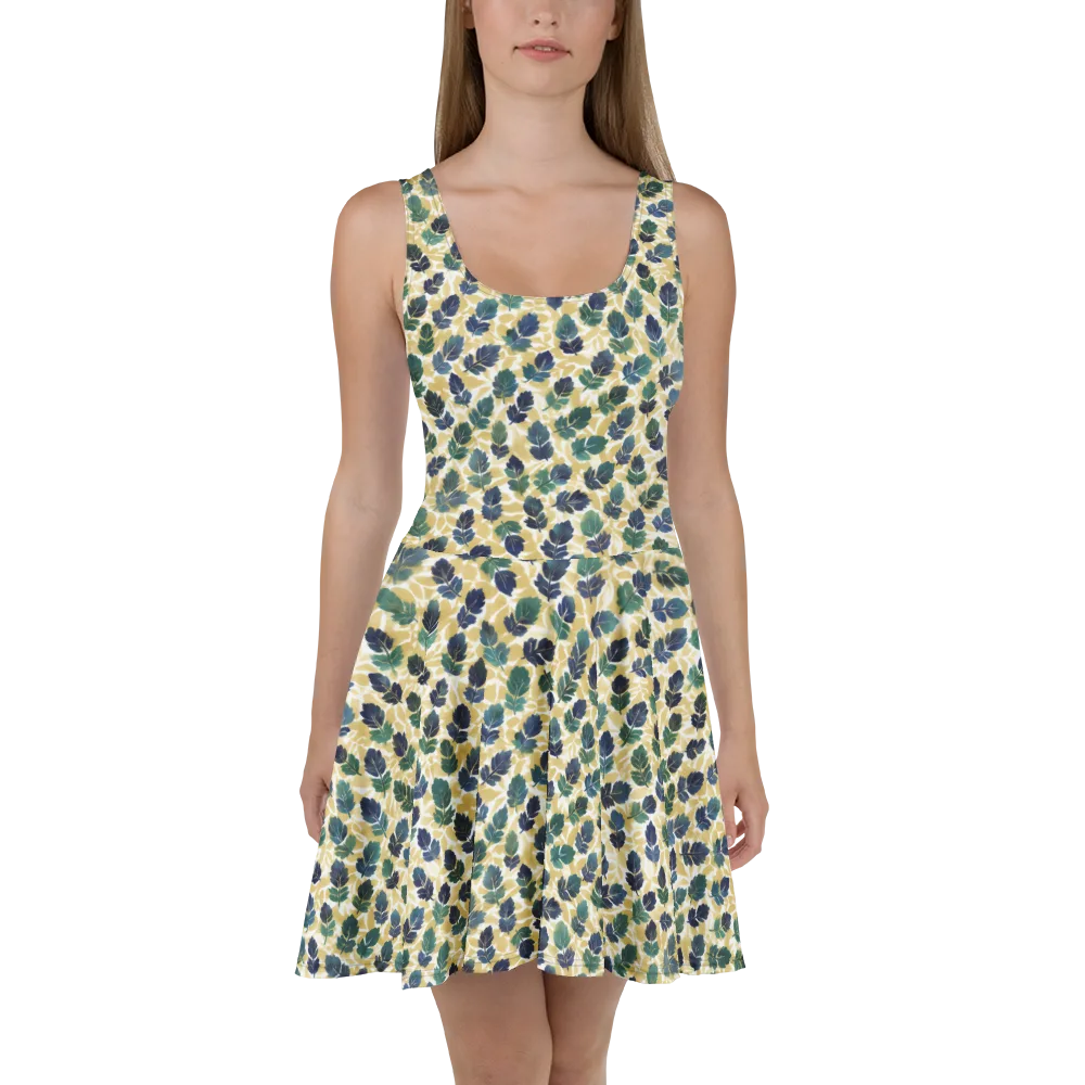 Golden Leaf Drift on Skater Dress — Front