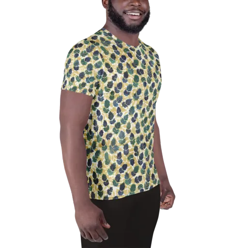 Golden Leaf Drift on a Men's Athletic T-Shirt