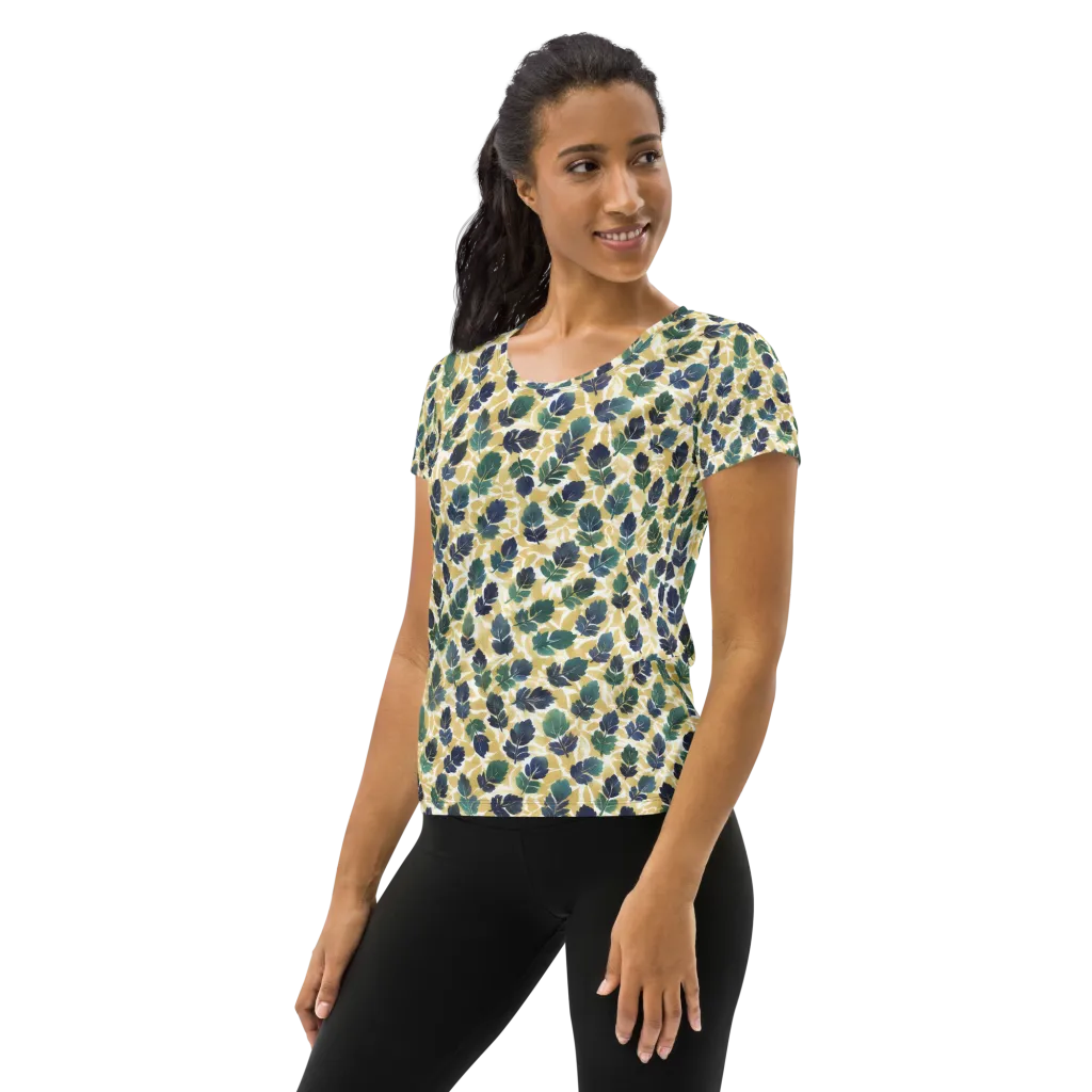 Golden Leaf Drift on Women's Athletic T-Shirt — Left