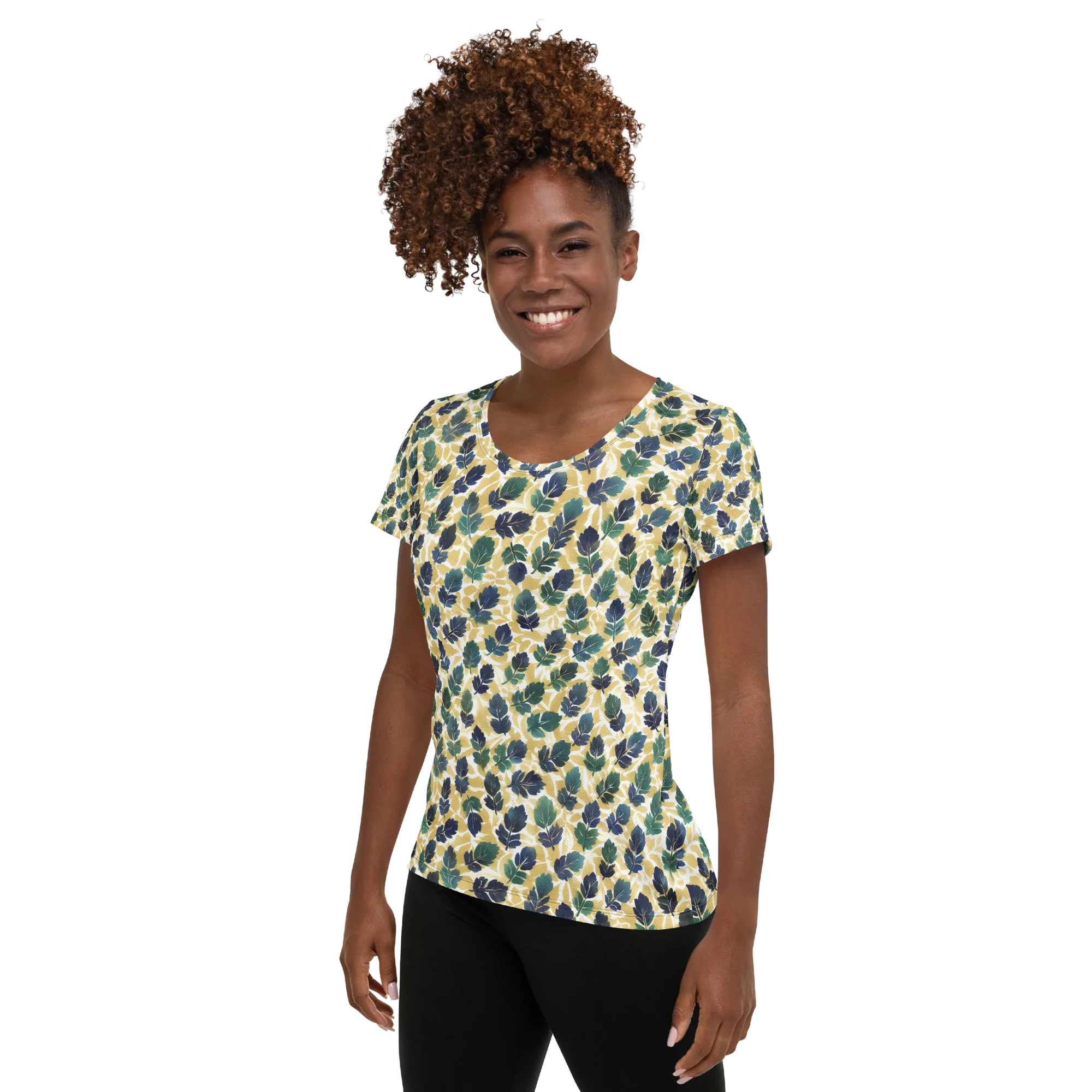 Golden Leaf Drift on Women's Athletic T-Shirt — Left