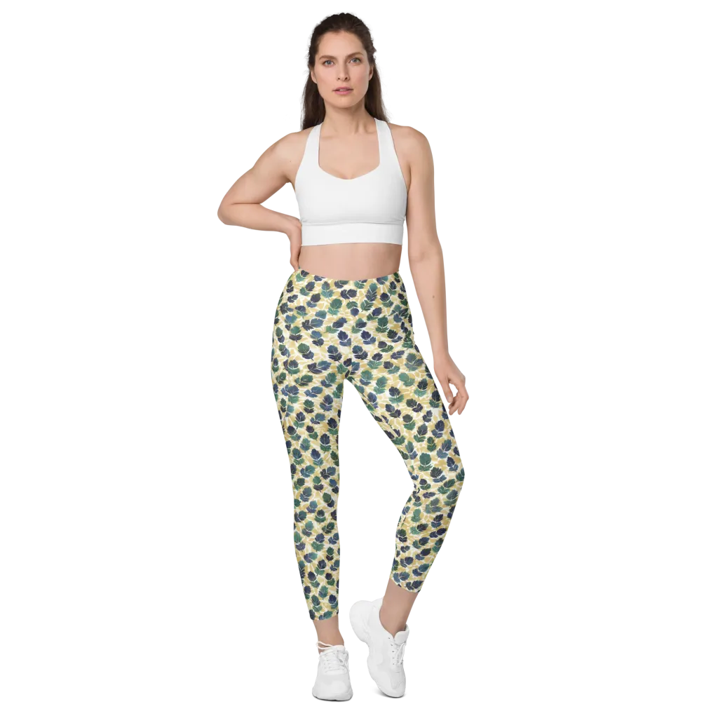 Golden Leaf Drift on Leggings with Pockets — Front