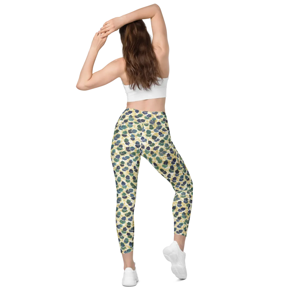 Golden Leaf Drift on Leggings with Pockets — Back