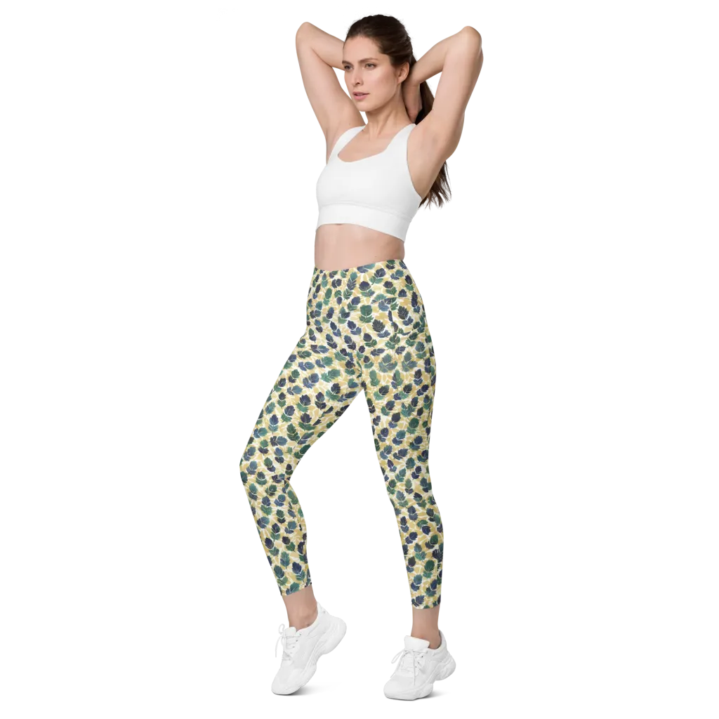 Golden Leaf Drift on Leggings with Pockets — Left Front