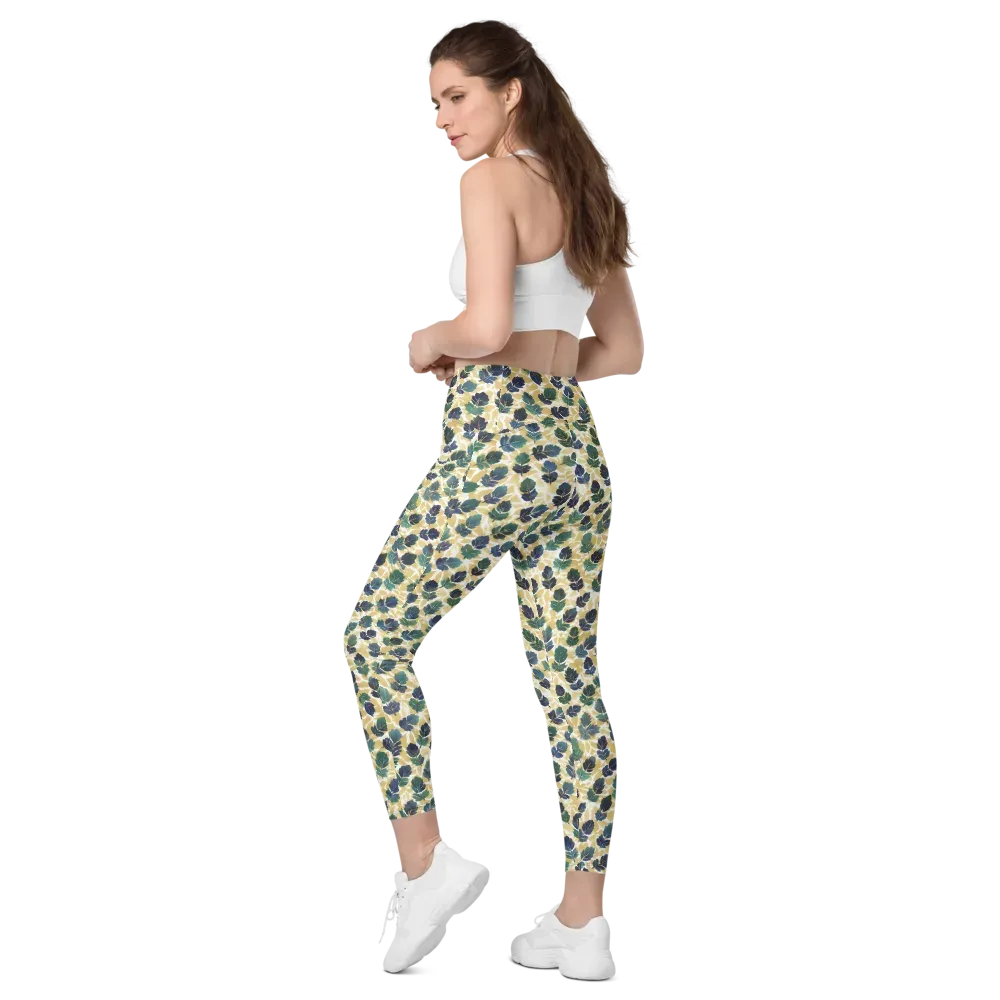 Golden Leaf Drift on Leggings with Pockets — Left Back