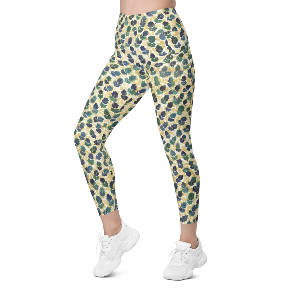 Golden Leaf Drift on Leggings with Pockets — Left Front