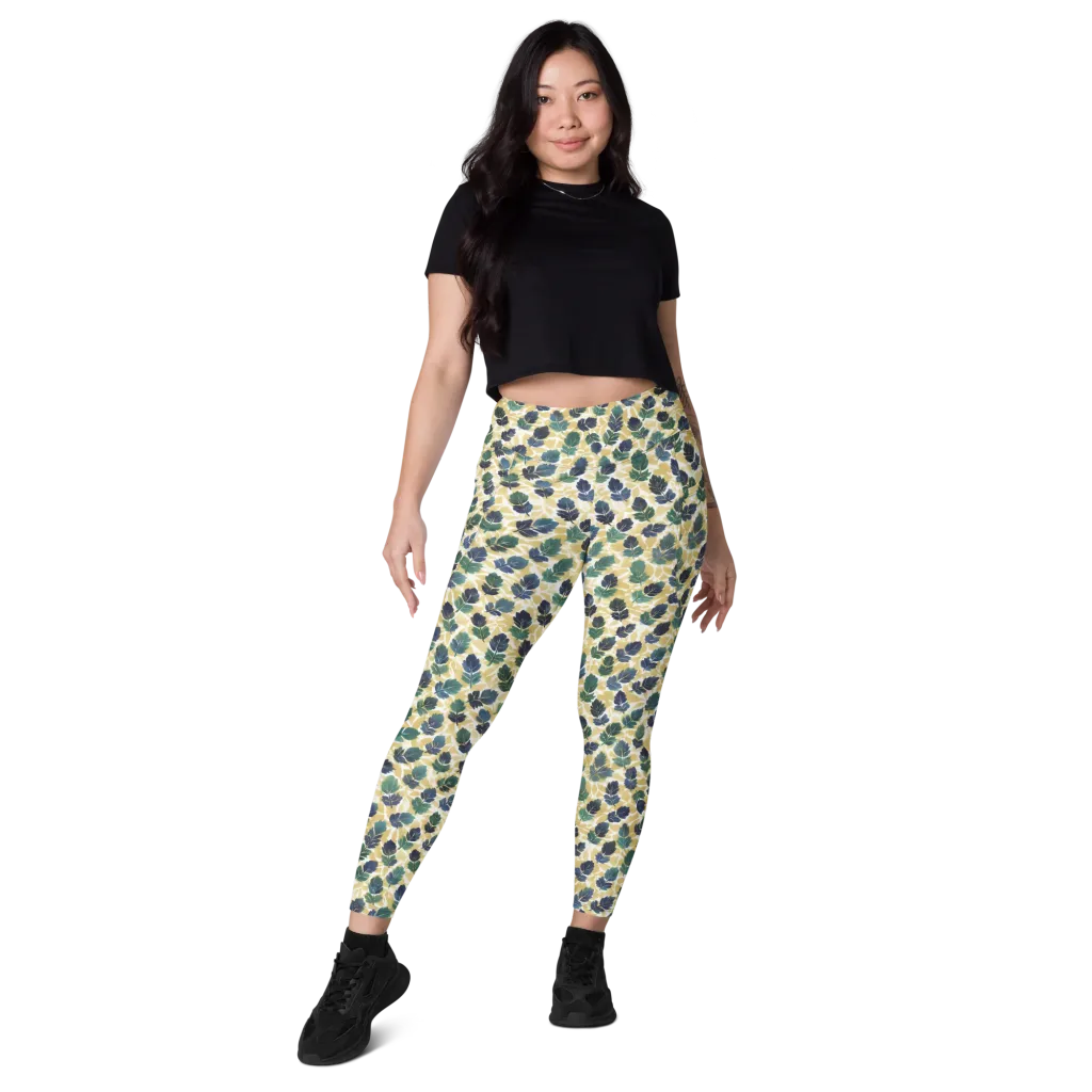 Golden Leaf Drift on Leggings with Pockets — Front