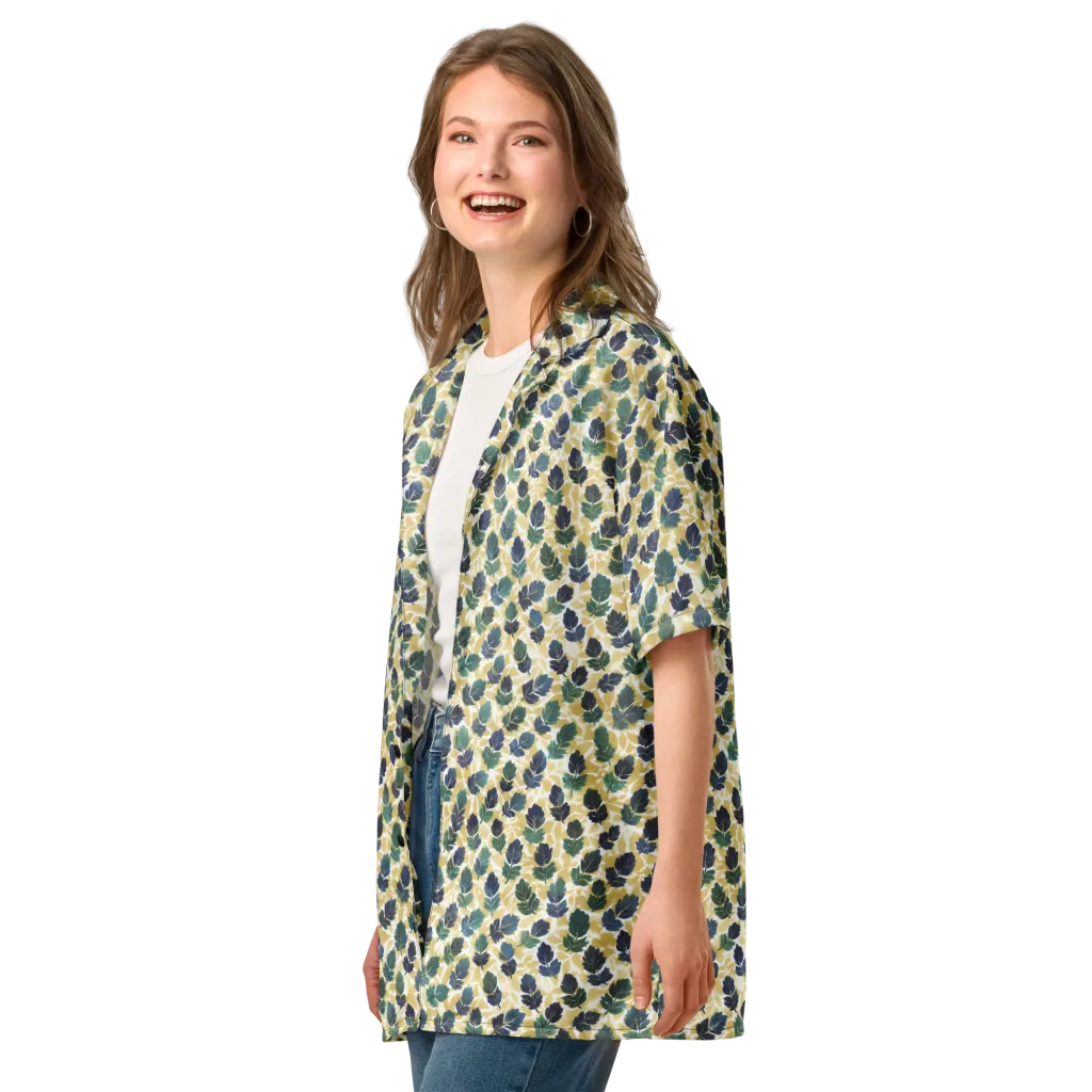 Golden Leaf Drift on Button Shirt — Left Front