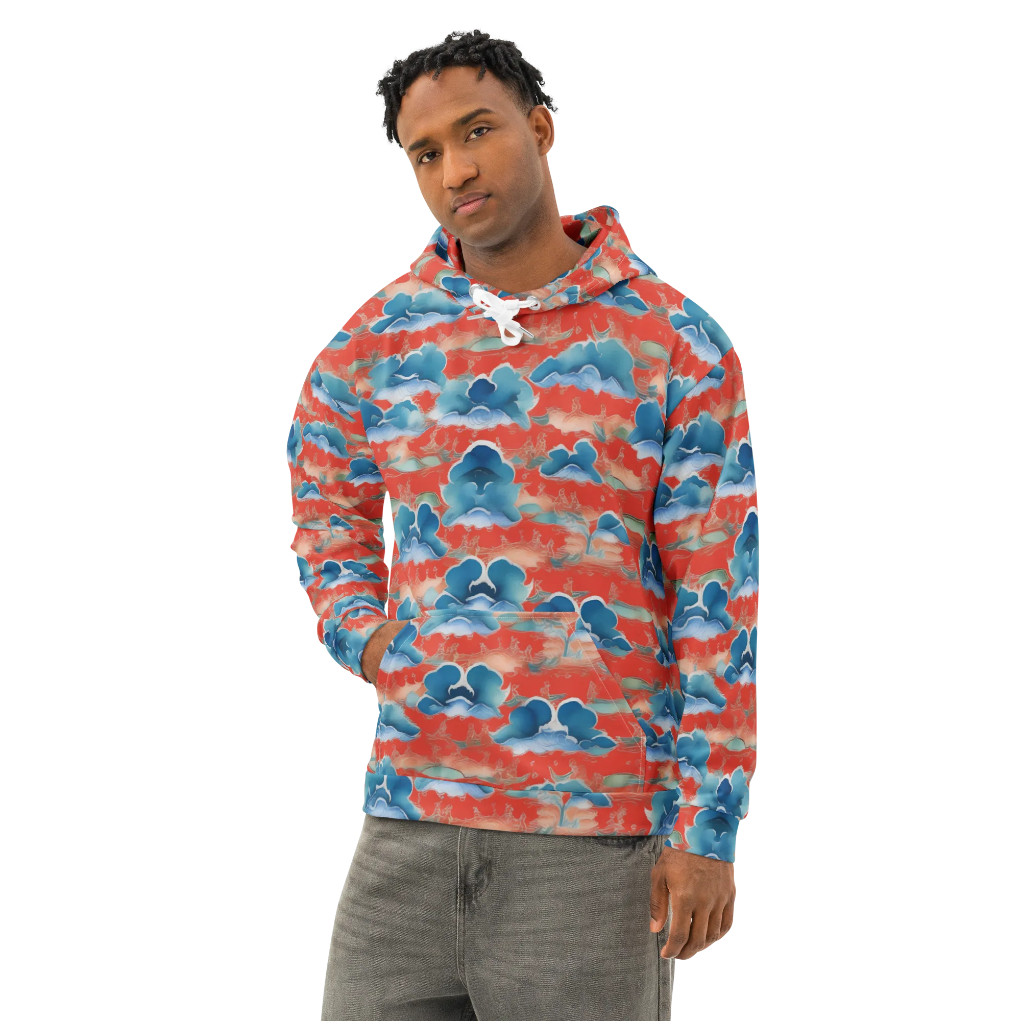 Vermilion Cloudscape on Cotton Hoodie — Left Front
