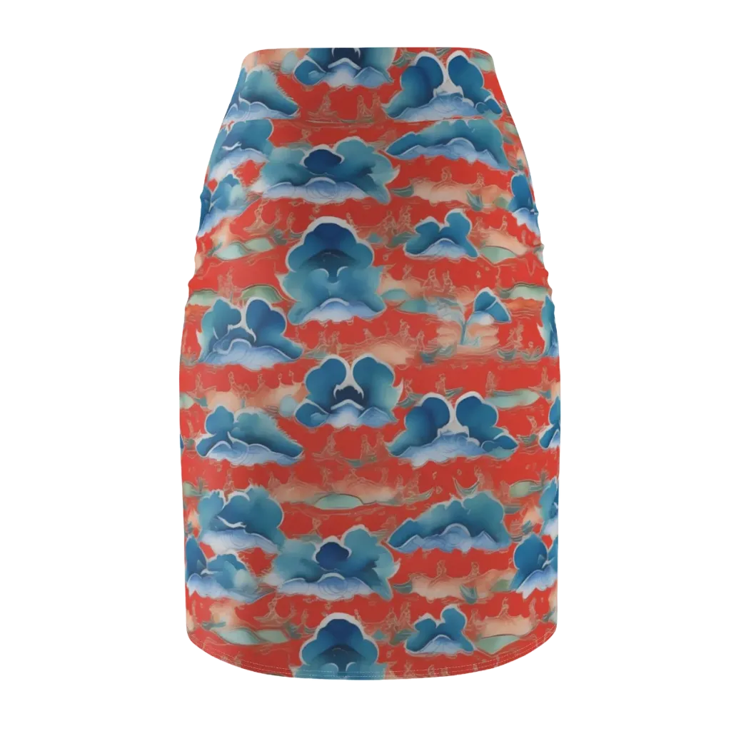 Vermilion Cloudscape on Pencil Skirt — Back