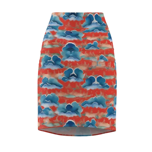 Vermilion Cloudscape on a Pencil Skirt