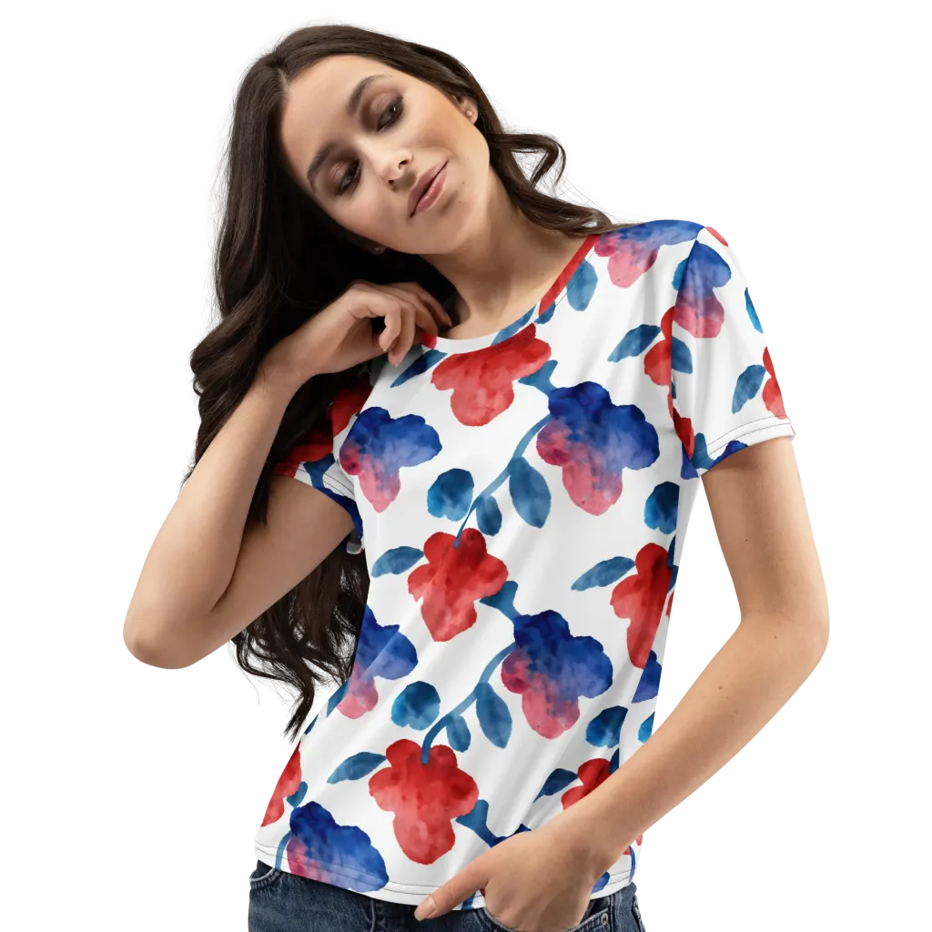 Blue Bloom Reverie on Women's Crew Neck T-Shirt — Left Front
