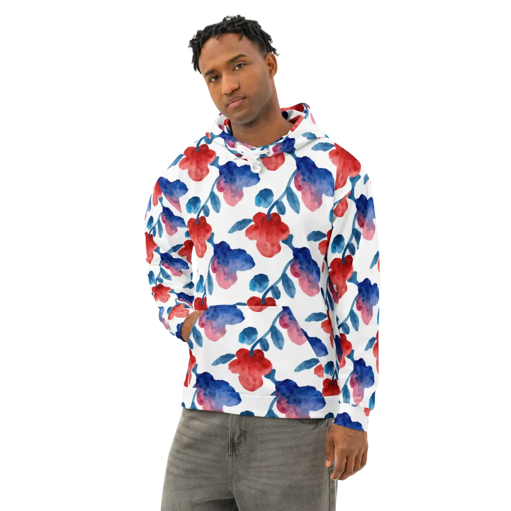 Blue Bloom Reverie on Cotton Hoodie — Left Front