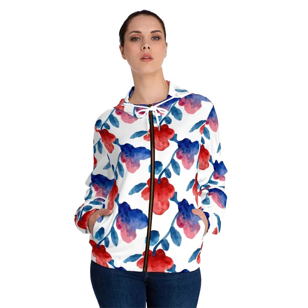 Blue Bloom Reverie on Women's Full-Zip Hoodie — Front On Person