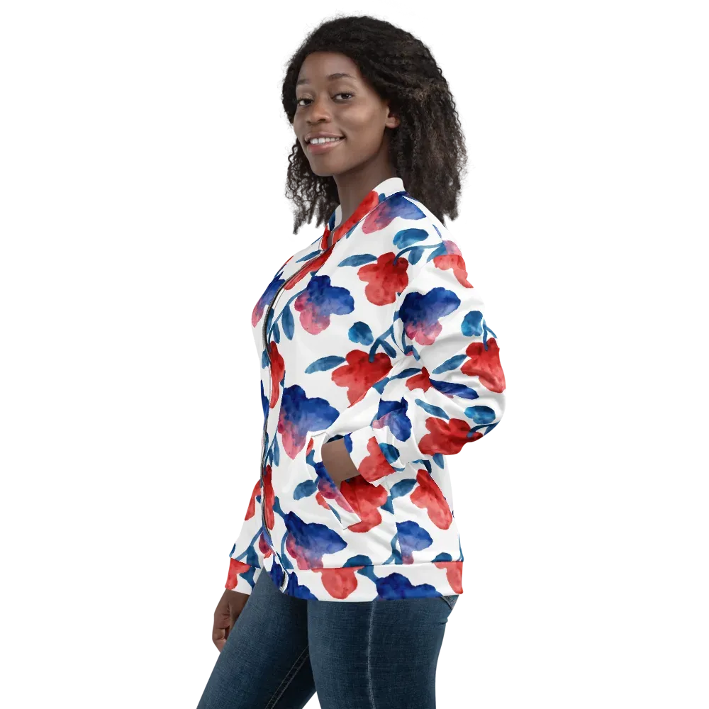Blue Bloom Reverie on Bomber Jacket — Left