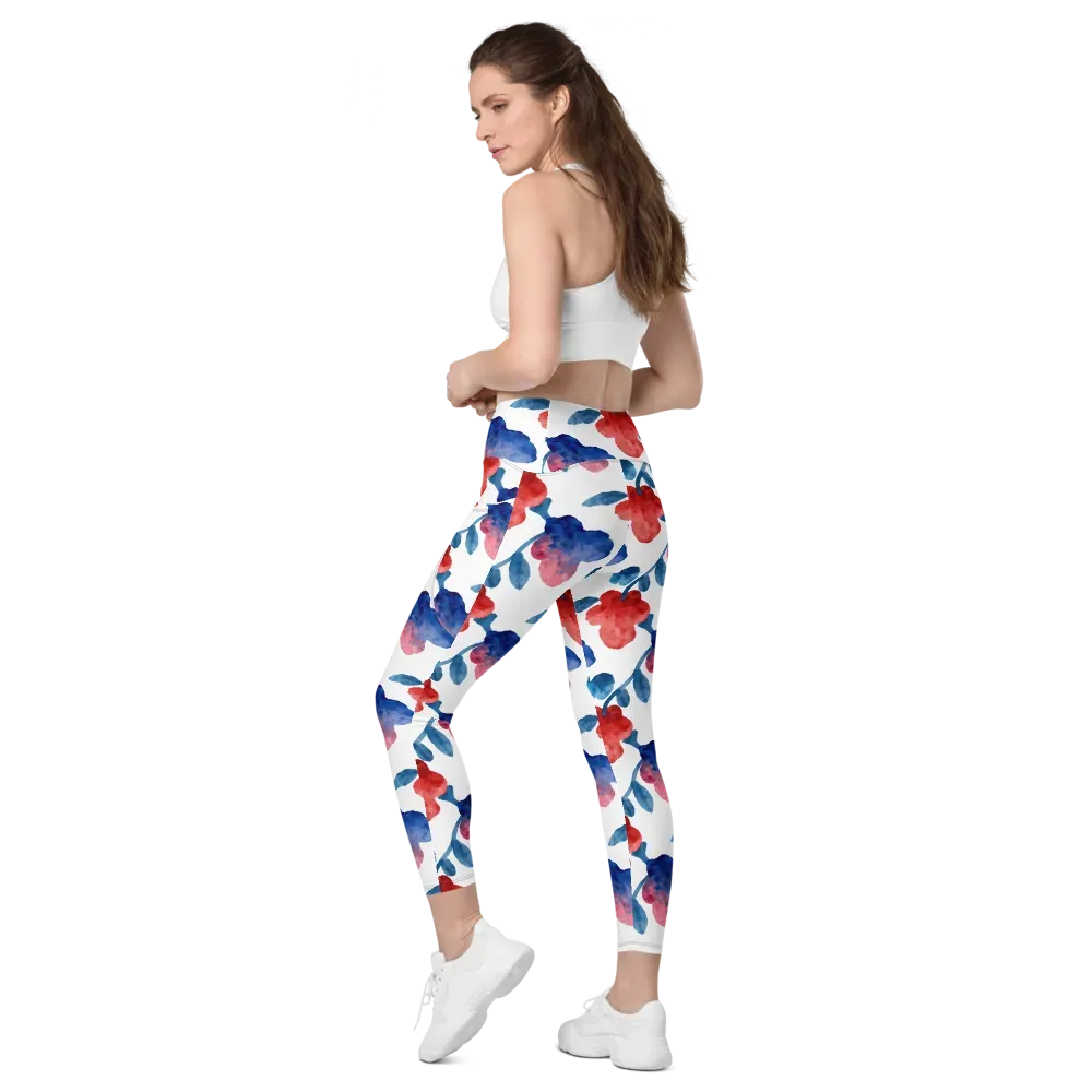 Blue Bloom Reverie on Leggings with Pockets — Left Back