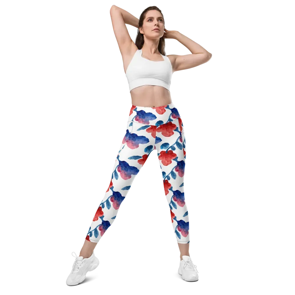 Blue Bloom Reverie on Leggings with Pockets — Front