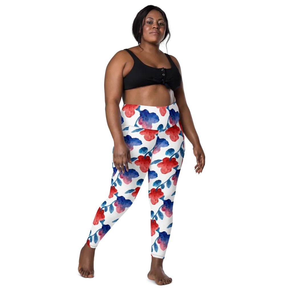 Blue Bloom Reverie on Leggings with Pockets — Front