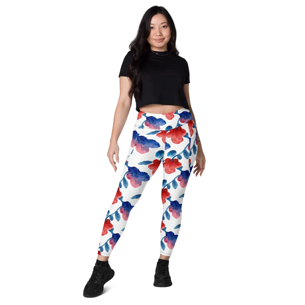 Blue Bloom Reverie on Leggings with Pockets — Front