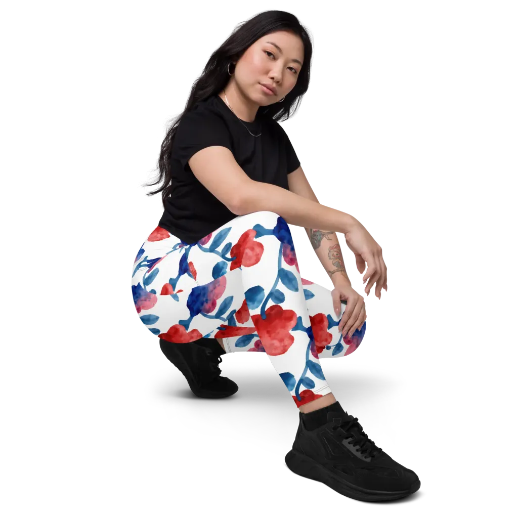 Blue Bloom Reverie on Leggings with Pockets — Right Front