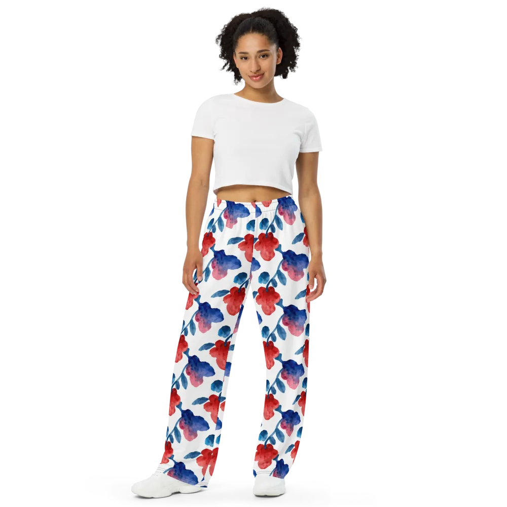 Blue Bloom Reverie on Wide-Leg Pants — Front
