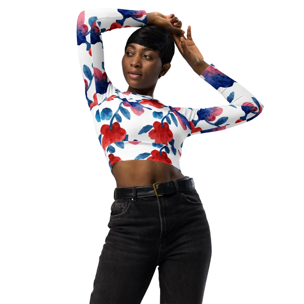 Blue Bloom Reverie on Long Sleeve Crop Top — Front