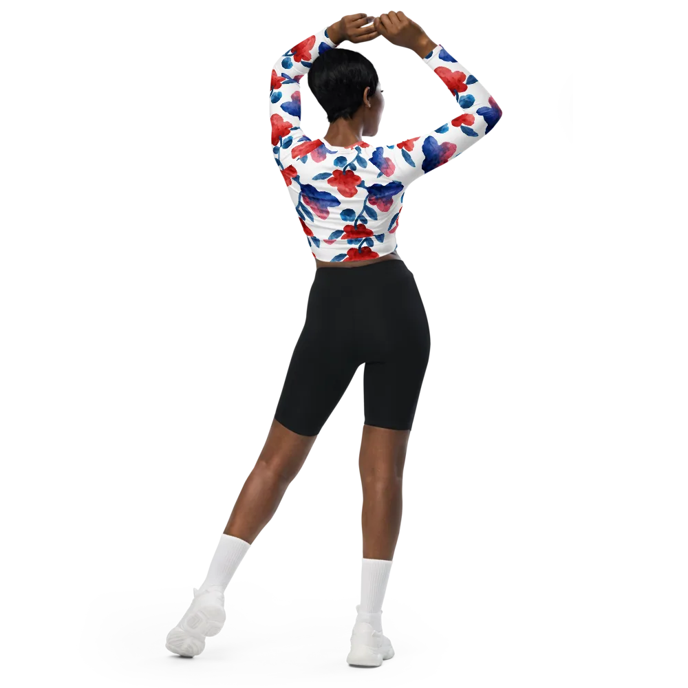 Blue Bloom Reverie on Long Sleeve Crop Top — Back
