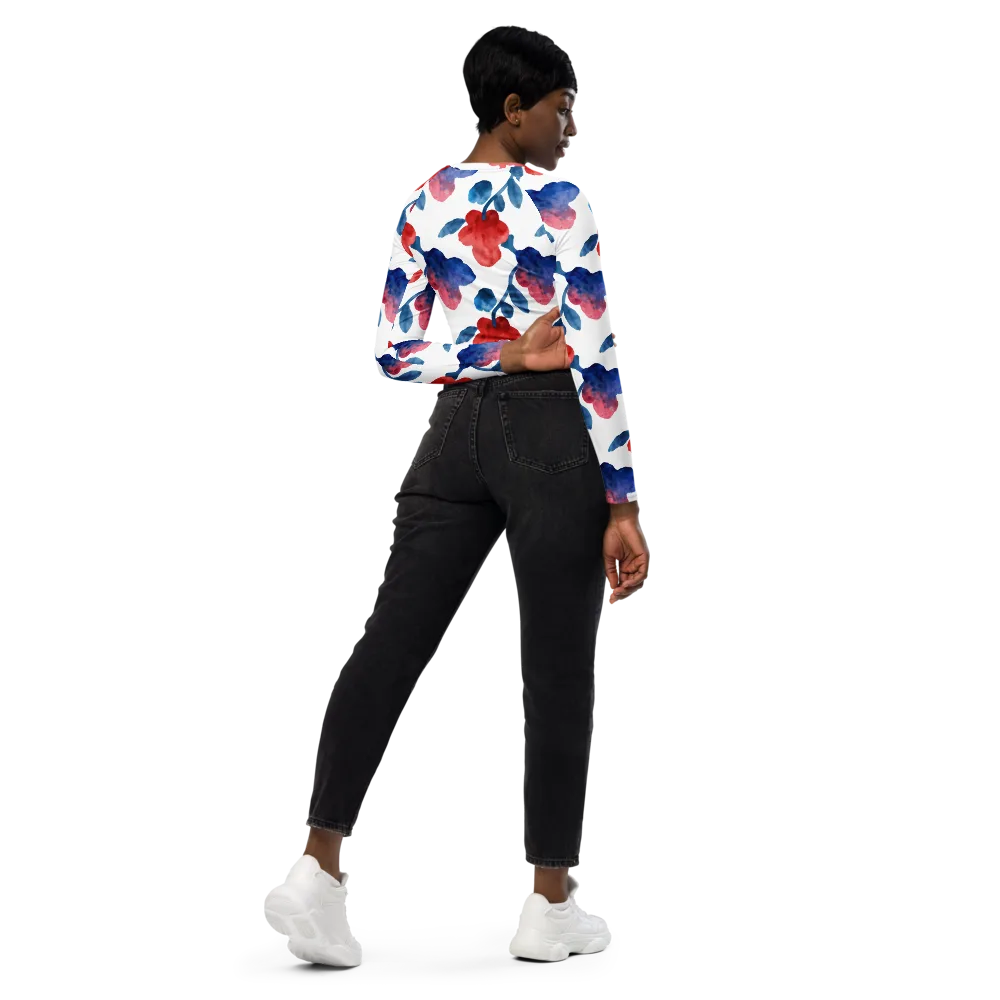Blue Bloom Reverie on Long Sleeve Crop Top — Right Back