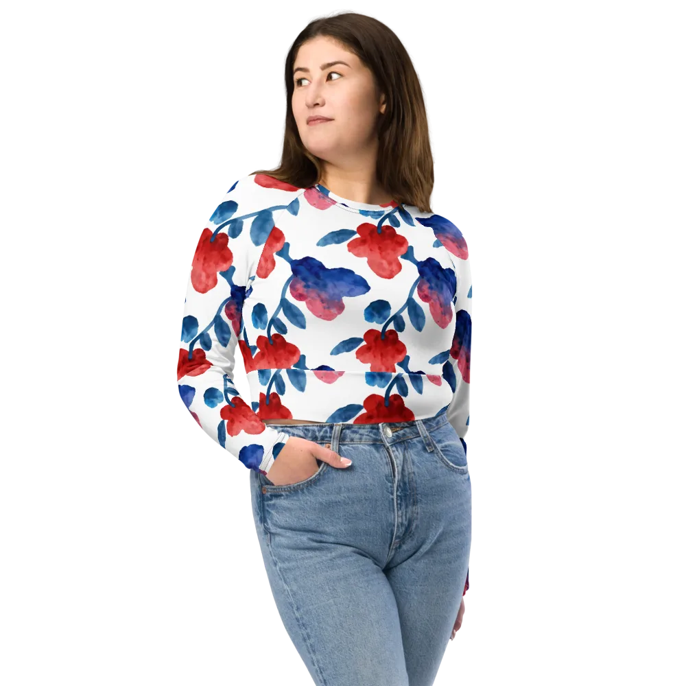 Blue Bloom Reverie on Long Sleeve Crop Top — Front