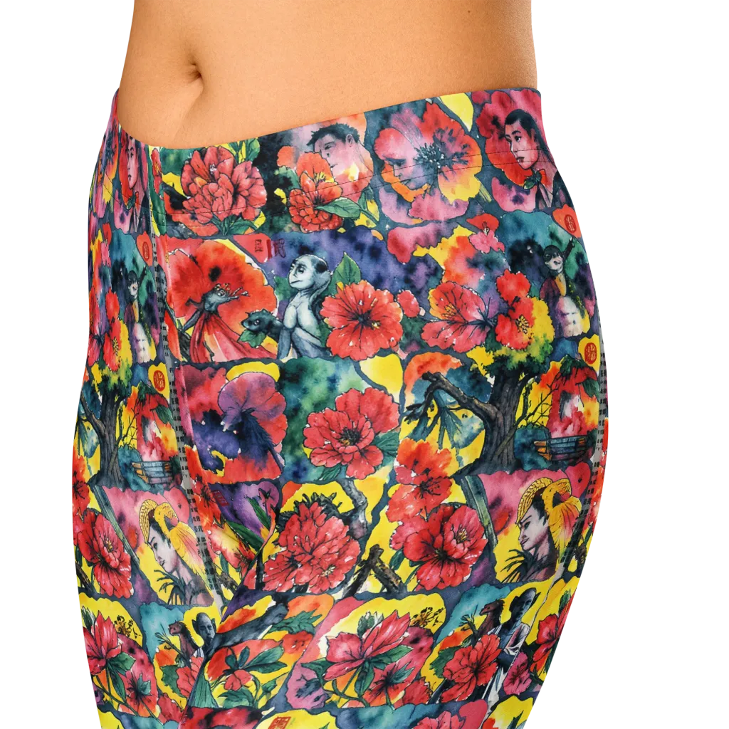 Crimson Garden Myth on Capri Leggings — Zoomed-in