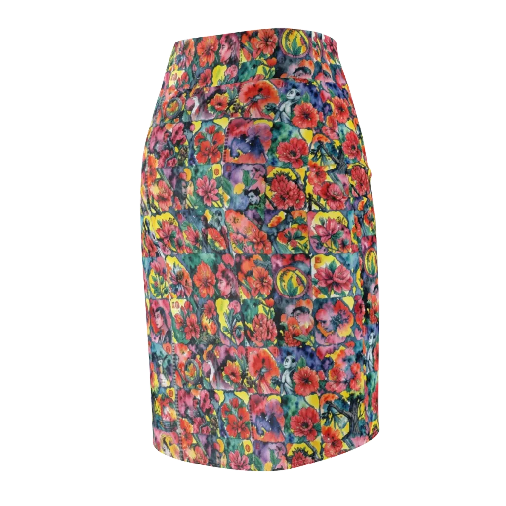 Crimson Garden Myth on Pencil Skirt — Back Side