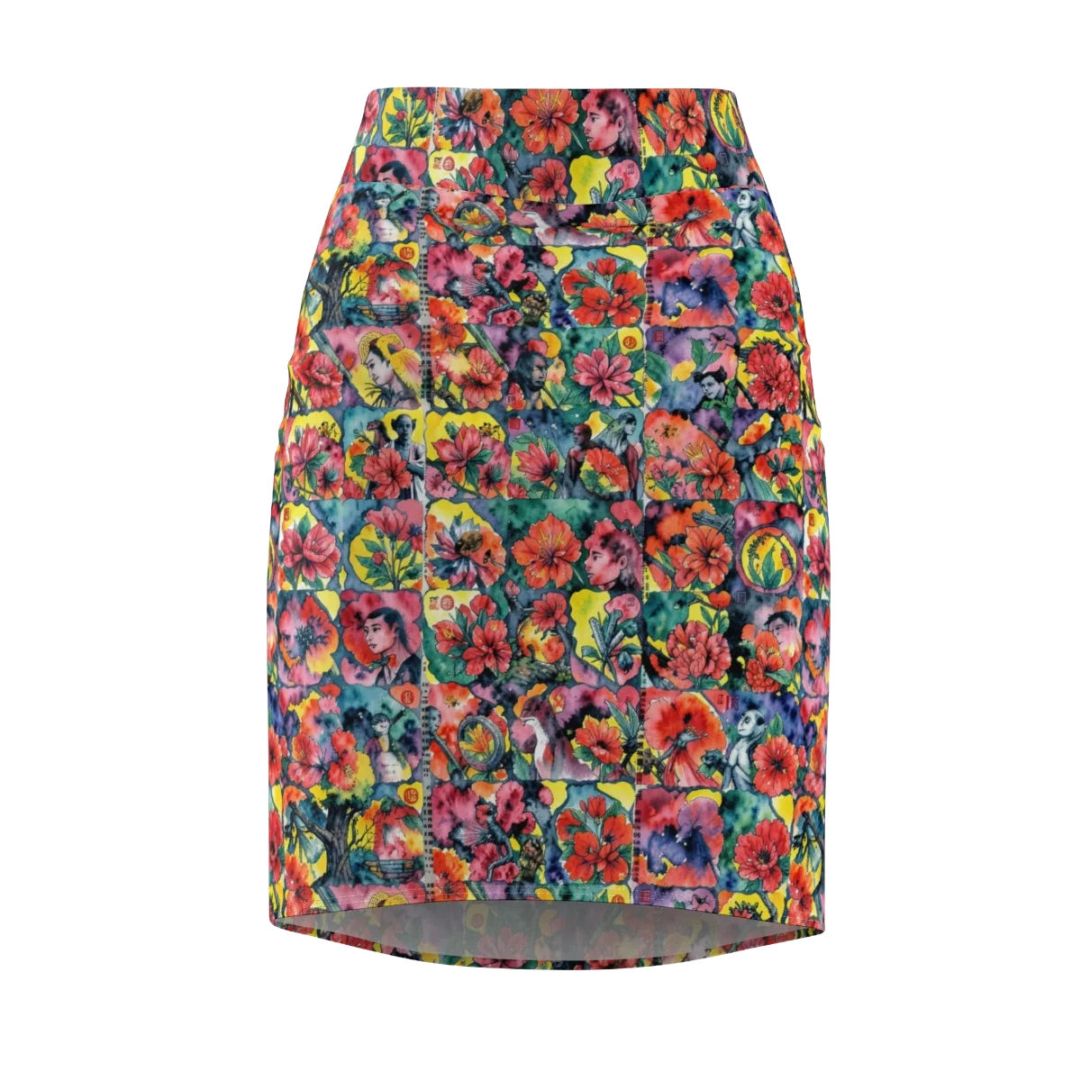Crimson Garden Myth on Pencil Skirt — Front