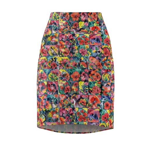Crimson Garden Myth on a Pencil Skirt