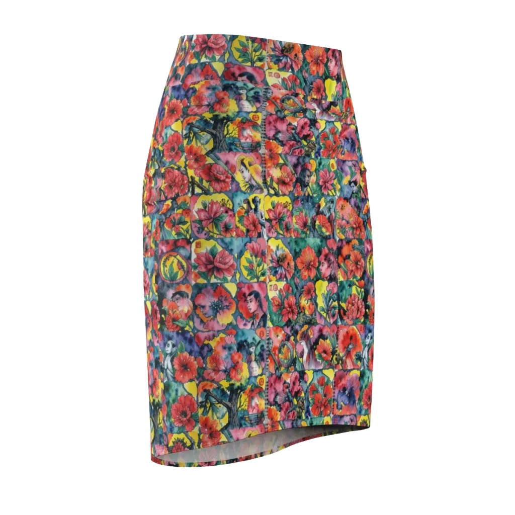 Crimson Garden Myth on Pencil Skirt — Front Side