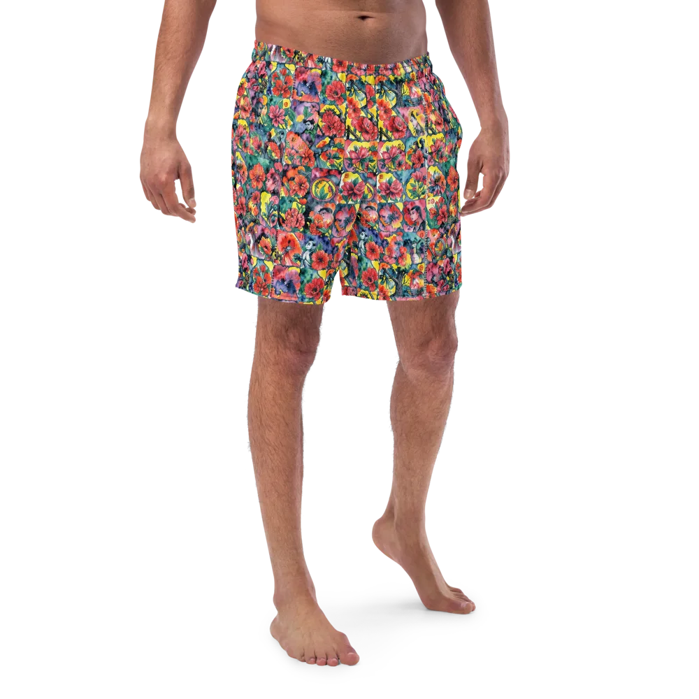 Crimson Garden Myth on Swim Trunks — Front