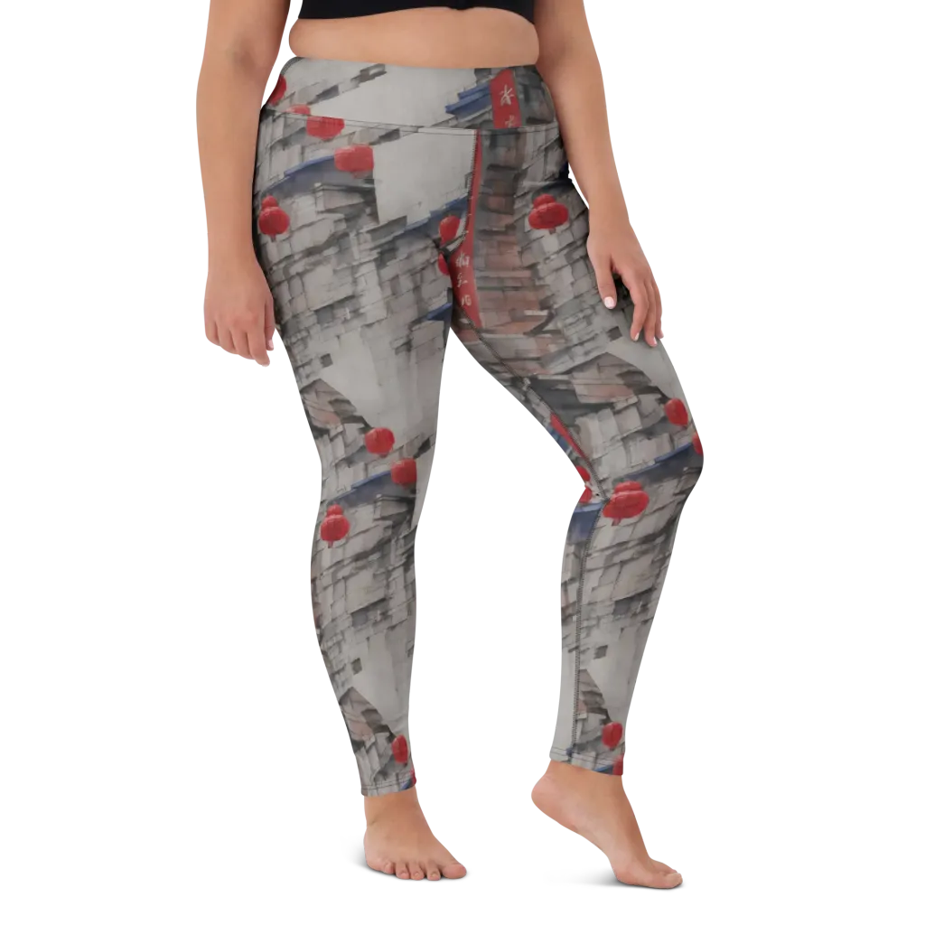 Crimson Lantern Alley on Yoga Leggings — Front