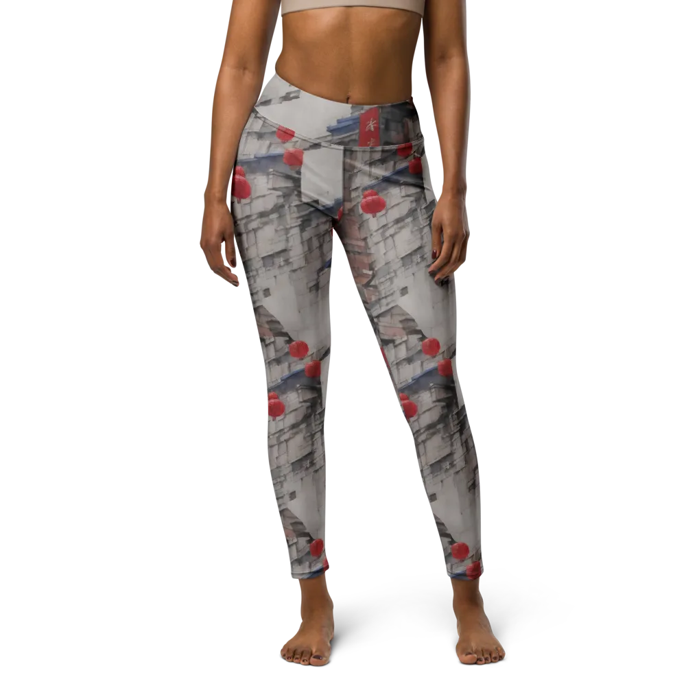 Crimson Lantern Alley on Yoga Leggings — Front