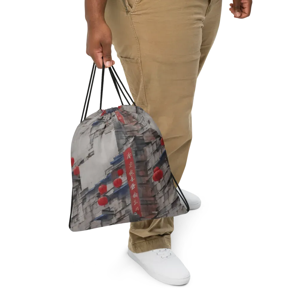 Crimson Lantern Alley on Drawstring Bag — Front