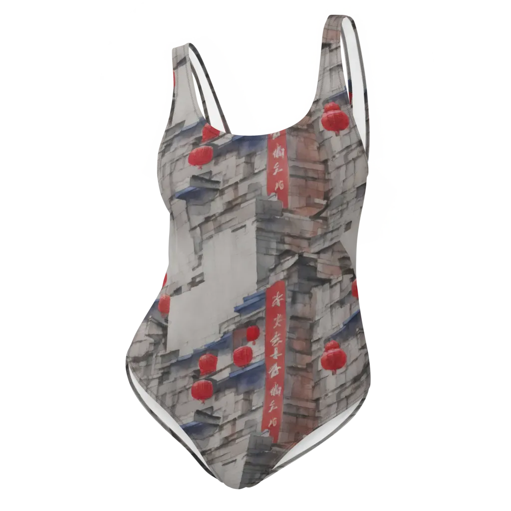 Crimson Lantern Alley on One-Piece Swimsuit — Front